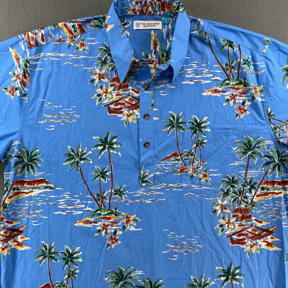 Tori Richard Men Shirt Blue Tropical Cotton XL Hawaiian Aloha Island Pullover